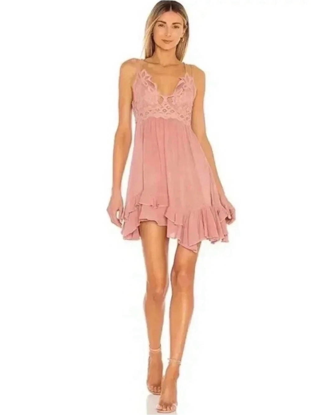 FREE PEOPLE "Adella" Mini Slip Dress With Lace Top, Rose Pink, Size S, EUC